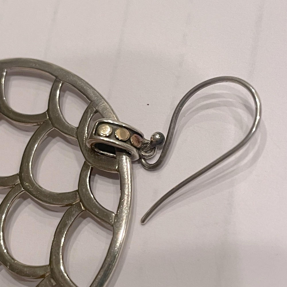 John Hardy Naga Disc earrings on hook. Sterling Silver w 3 18k Gold dots at top - Picture 6 of 10
